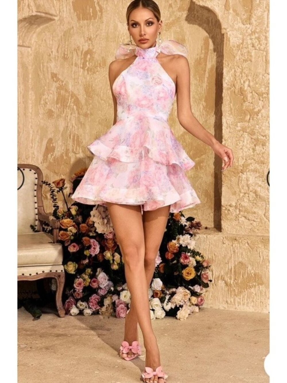 MEW MEWS Alecto Halter Mini Dress Floral Print Backless Size Medium NWT